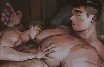 Rule 34 | 2boys, abs, absurdres, bara, black hair, blush, breast sucking, broad shoulders, brown hair, collarbone, deep skin, earrings, freckles, green eyes, groping, height difference, highres, hoonzino, huge pectorals, jewelry, large hands, licking, licking nipple, looking at another, looking down, lying, male focus, multiple boys, muscular, muscular male, nipple stimulation, nipples, nude, on back, on bed, original, pectoral grab, raised eyebrows, scar, scar on shoulder, single earring, size difference, sucking male nipple, thick eyebrows, wide-eyed, yaoi