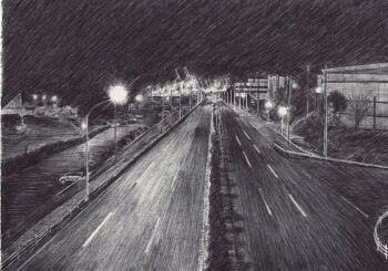 greyscale lamppost monochrome n-chanpon nagoya_(city) night no_humans original outdoors road scenery sky street traditional_media