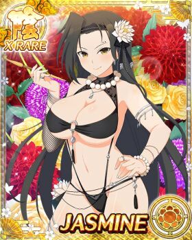 Rule 34 | 1girl, arm up, bikini, black bikini, black hairband, black slingshot swimsuit, border, bracelet, breasts, brown eyes, brown hair, card (medium), character name, cleavage, closed mouth, floral background, flower, game cg, hair flower, hair ornament, hairband, hand on own hip, holding, holding smoking pipe, jasmine (senran kagura), jewelry, kiseru, large breasts, looking at viewer, lotus, mole, mole above eye, multiple moles, multiple rings, navel, necklace, o-ring, o-ring bikini, official art, parted bangs, pearl bracelet, pearl necklace, ring, senran kagura, senran kagura new wave, short hair, slingshot swimsuit, smile, smoking pipe, solo, swimsuit, very short hair