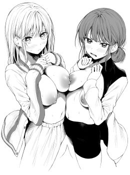 2girls ao_no_hako asymmetrical_docking bike_shorts blush breast_press breasts breasts_out breasts_squeezed_together chouno_hina closed_mouth commentary cowboy_shot daiji_pt double_bun embarrassed eyes_visible_through_hair frown greyscale hair_bun highres jacket kano_chinatsu looking_at_viewer medium_breasts medium_hair monochrome multiple_girls navel nipples no_shirt open_clothes open_jacket open_mouth pants scowl simple_background standing sweat sweatpants symbol-only_commentary track_jacket v-shaped_eyebrows very_low_bun white_background