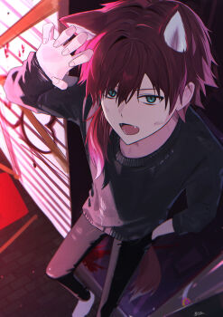 Rule 34 | 1boy, absurdres, alternate costume, animal ears, arirun 777, arm up, black pants, black shirt, claw pose, commentary, foreshortening, from above, green eyes, hair between eyes, hand in pocket, highres, kemonomimi mode, lauren iroas, long hair, long sleeves, looking at viewer, male focus, nijisanji, open mouth, pants, ponytail, red hair, shirt, side ponytail, solo, tail, virtual youtuber, wolf ears