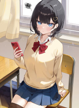 1girl black_hair blue_eyes blue_skirt bow bowtie cellphone chair chunsick_lee closed_mouth collarbone collared_shirt commentary curtains desk dress_shirt hair_ornament heart heart_hair_ornament highres holding holding_phone phone pleated_skirt red_bow red_bowtie school_uniform shirayuki_hina shirt short_hair sitting skirt solo squiggle stellive sweater symbol-only_commentary thighhighs virtual_youtuber white_shirt window yellow_sweater zettai_ryouiki