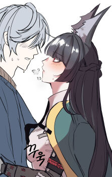 1boy 1girl animal_ears black_hair blush commentary_request fox_ears fox_girl fox_tail green_jacket grey_hair heavy_breathing highres hoshimi_miyabi imminent_kiss jacket long_hair red_eyes shirt short_hair tail user_ctec3782 white_shirt wise_(zenless_zone_zero) zenless_zone_zero