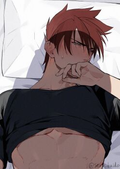 2boys abs alternate_costume artist_name bara bed bed_sheet black_shirt blush boy_on_top casual closed_mouth clothes_lift collarbone couple covered_mouth covering_own_mouth cowboy_shot ear_blush embarrassed eyes_visible_through_hair fingernails from_above furrowed_brow grey_eyes hair_between_eyes hair_intakes half-closed_eyes hand_on_own_face hand_over_own_mouth hand_to_own_mouth hand_up head_on_pillow indoors looking_down looking_to_the_side lying male_focus male_saniwa_(touken_ranbu) mature_male multiple_boys muscular muscular_male nose_blush on_back on_bed ookanehira_(touken_ranbu) out_of_frame out_of_frame_male pectoral_cleavage pectorals photoshop_(medium) pillow pov red_hair saniwa_(touken_ranbu) sexy_kaido shade shadow shirt shirt_lift short_hair short_sleeves shy sideburns signature simple_background solo_focus spiked_hair stomach sweat sweatdrop t-shirt toned toned_male topless_male touken_ranbu twitter_username underpec upper_body yaoi