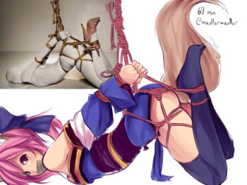 10s 1girl animal_ears arms_behind_back ass bdsm blue_thighhighs blush bondage bound crying crying_with_eyes_open detached_sleeves fate/extra fate_(series) female_focus fox_ears fox_tail gag gagged improvised_gag maullarmaullar photo-referenced photo_inset pink_hair reference_inset reference_photo reference_work rope shibari shibari_over_clothes skindentation solo suspension tail tamamo_no_mae_(fate) tape tape_gag tears thighhighs top-down_bottom-up