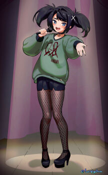 1boy absurdres black_choker black_hair black_pantyhose blue_eyes choker collarbone commentary english_commentary fishnet_pantyhose fishnets green_sweater high_heels highres long_hair lumpychan microphone music open_mouth original pantyhose shorts singing solo standing sweater teeth twintails upper_teeth_only
