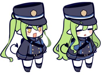 Rule 34 | 2girls, armband, black tail, blue archive, blue armband, blush, blush stickers, closed eyes, commentary, demon tail, expressionless, fang, full body, green hair, hat, hikari (blue archive), long hair, long sleeves, multiple girls, nozomi (blue archive), open mouth, pantyhose, peaked cap, pekeko (pepekekeko), pointy ears, siblings, simple background, sisters, skin fang, smile, standing, tail, train conductor, twins, twintails, white background, white pantyhose, yellow eyes