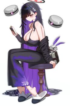 1girl absurdly_long_hair absurdres black_camisole black_hair black_skirt blue_archive blush book breasts camisole commentary cosplay english_commentary full_body goddess_of_victory:_nikke halo highres holding holding_book huge_breasts label_(nikke) label_(nikke)_(cosplay) long_hair looking_at_viewer mizikayo on_stool red_eyes rio_(blue_archive) sideboob simple_background sitting skirt slippers solo stool very_long_hair white_background white_slippers