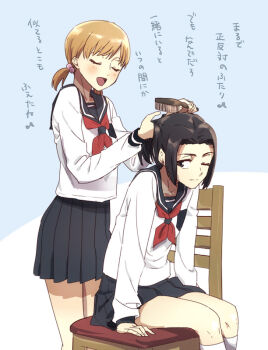 2girls black_eyes black_hair black_skirt bleach bleach:_sennen_kessen-hen brushing_another&#039;s_hair brushing_hair chair closed_eyes commentary_request hair_bobbles hair_ornament kneehighs kurosaki_karin kurosaki_yuzu low_twintails miniskirt multiple_girls nigatsumikka one_eye_closed open_mouth orange_hair pleated_skirt school_uniform serafuku short_twintails siblings sisters sitting skirt smile socks translation_request twintails white_socks
