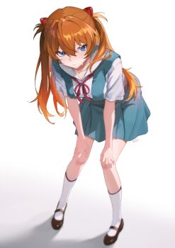 1girl blue_eyes blue_skirt blush breasts closed_mouth hair_between_eyes hands_on_own_knees kampswe_galong long_hair medium_breasts neck_ribbon neon_genesis_evangelion orange_hair red_ribbon ribbon school_uniform shirt short_sleeves skirt socks solo souryuu_asuka_langley standing suspender_skirt suspenders tokyo-3_middle_school_uniform twintails white_background white_shirt white_socks