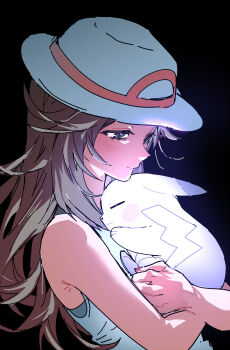 1girl 5oh5s2 absurdres black_background blue_shirt brown_hair closed_mouth gen_1_pokemon glowing hat highres holding leaf_(pokemon) long_hair nintendo pikachu pokemon pokemon_(creature) pokemon_frlg porkpie_hat shirt sleeveless sleeveless_shirt smile white_hat