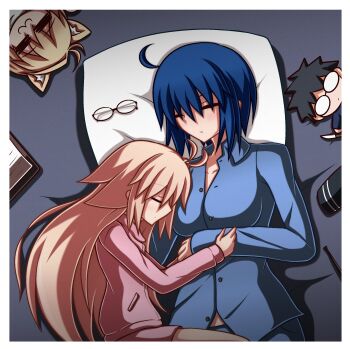 Rule 34 | 3girls, :3, aged down, alternate costume, arcueid brunestud, black hair, blonde hair, blue hair, blue pajamas, breasts, character doll, ciel (tsukihime), doll, eco-arc, glasses, highres, knife, large breasts, long hair, multiple girls, neco-arc, neco spirit, pajamas, pillow, pink pajamas, sakurello, short hair, sleeping, tohno shiki, tsukihime, tsukihime (remake)