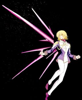Rule 34 | 1girl, blonde hair, cagalli yula athha, compass uniform, full body, gundam, gundam seed, gundam seed freedom, hair ornament, highres, jacket, military uniform, short hair, solo, umibehamabe, wings, yellow eyes