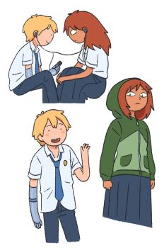 1girl adventure_time blonde_hair closed_eyes highres multiple_boys necktie open_mouth original pants red_hair school_uniform shirt sunny_meel