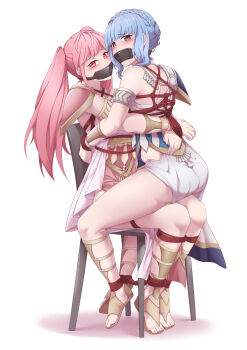 2girls absurdres adzuqi armband armor arms_behind_back bare_shoulders bdsm blush bondage bound bound_arms bound_legs bound_together bound_torso braid chair chair_bondage collar commission crown_braid dress embarrassed female_focus fire_emblem fire_emblem:_three_houses full_body gag gagged hair_bun highres hilda_valentine_goneril long_hair looking_ahead looking_at_viewer looking_back looking_to_the_side marianne_von_edmund marianne_von_edmund_(serene_adherent) marianne_von_edmund_(timeskip) multiple_girls nintendo pink_dress sandals short_hair short_hair_with_long_locks shoulder_armor sidelocks simple_background sitting sitting_on_lap sitting_on_person skin_tight skindentation straddling swept_bangs toes twintails white_background white_dress