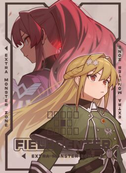 2girls absurdres closed_mouth duel_monster exosister_elis exosister_martha hair_between_eyes hair_ornament highres jewelry long_hair long_sleeves looking_at_another looking_back multiple_girls necklace orange_eyes pink_hair ponytail star_(symbol) star_hair_ornament wepwawet yu-gi-oh!