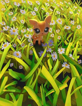 :3 animal animal_focus chibi chibi_only commentary deer english_commentary flandrepudding flower grass green_eyes highres littlest_pet_shop lps_deer_634 no_humans object_focus outdoors painterly solo toy white_flower