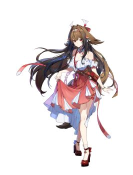 1girl absurdres animal_ears bad_source bag bare_shoulders breasts cleavage closed_mouth floating_hair full_body hair_ornament hairband high_heels highres lace_socks large_breasts long_hair long_skirt looking_at_viewer official_alternate_costume official_art red_bag red_eyes red_shoes red_skirt shoes short_sleeves shoulder_bag simple_background skirt smile socks solo standing transparent_background very_long_hair white_socks ye_shunguang ye_shunguang_(touch_of_dawnlight) zenless_zone_zero