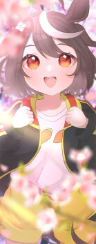 Rule 34 | 1girl, absurdres, aged down, ahoge, animal ears, black hair, black jacket, blush, bow, carrot print, ear ribbon, flower, food print, hair between eyes, hair ornament, highres, horse ears, horse girl, horse tail, jacket, kitasan black (umamusume), kurumiya (krmy p), looking at viewer, multicolored hair, open clothes, open jacket, open mouth, red eyes, rope, shimenawa, shirt, short hair, shorts, smile, solo, streaked hair, tail, umamusume, white hair, white shirt, yellow shorts