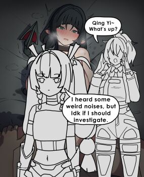 1boy 3girls animal_ears bed_sheet black_hair blank_stare blue_eyes blush commentary convenient_censoring dorahdew english_commentary full-face_blush high_ponytail highres holding_legs jane_doe_(zenless_zone_zero) joints long_hair long_sleeves mouse_ears multiple_girls open_mouth police police_uniform ponytail qingyi_(zenless_zone_zero) robot_girl robot_joints shirt simple_background speech_bubble sweat tail twintails wise_(zenless_zone_zero) zenless_zone_zero zhu_yuan