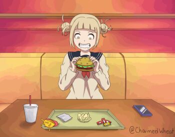 animated animated_gif blonde_hair boku_no_hero_academia burger cellphone charmedwheat drink food french_fries ketchup lettuce mustard napkin necktie phone school_uniform shocked_pupils surprised toga_himiko tomato yellow_eyes