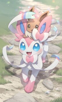 absurdres blue_eyes bow brown_eyes commentary eevee eevee_ears eevee_tail evolutionary_line fangs gen_1_pokemon gen_6_pokemon highres nintendo no_humans nullma open_mouth outdoors pokemon pokemon_(creature) pokemon_tail smile sylveon tail