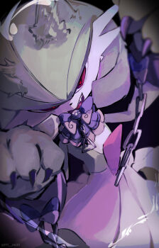 1girl absurdres alternate_species animal_ears animal_hands animal_nose arms_up artist_name black_background bob_cut bow bowtie chain claws colored_skin cuffs dutch_angle fang female_focus flat_chest furry furry_female gardevoir gen_3_pokemon green_hair green_skin hair_between_eyes highres looking_at_viewer multicolored_skin my_(my_6633) nintendo open_mouth poke_ball_theme pokemon pokemon_(creature) purple_bow purple_bowtie red_eyes shackles short_hair simple_background solo standing teeth twitter_username two-tone_skin watermark werewolf white_skin wolf_ears wolf_girl