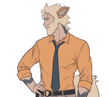 Rule 34 | 1boy, arcanine, arm tattoo, beard, belt, black belt, black necktie, brown hair, collared shirt, commentary, english commentary, facial hair, gen 1 pokemon, kirby otaku, looking afar, looking at viewer, male focus, neck tattoo, necktie, nintendo, orange shirt, personification, pokemon, police badge, shirt, simple background, solo, tattoo, transparent background, upper body