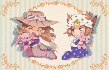 2boys :3 blue_pants brown_footwear brown_hat chibi chibi_only drop_shadow fingerless_gloves full_body gloves gyro_zeppeli hair_through_headwear hat highres holding holding_stuffed_toy johnny_joestar jojo_no_kimyou_na_bouken kitchupsandwich kneeling long_hair looking_at_another male_focus multiple_boys pants purple_gloves purple_shirt shirt shoes signature spurs steel_ball_run striped_background stuffed_animal stuffed_toy teddy_bear tusk_(stand) white_hat