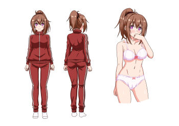 Rule 34 | 1girl, absurdres, arms at sides, ass, blush, bow, bow bra, bow panties, bra, breasts, brown hair, character request, cleavage, closed mouth, collarbone, commentary request, cropped legs, from behind, full body, highres, jacket, kyokucho, large breasts, long hair, looking at viewer, love me: kakurenbo, multiple views, navel, no shoes, panties, pants, pink bra, pink hair, pink panties, ponytail, red jacket, red pants, red track suit, reference sheet, simple background, smile, socks, track jacket, track suit, underwear, underwear only, white background, white socks