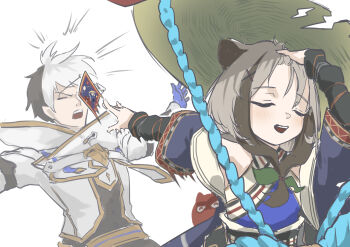 1boy 1girl absurdres animal_ears armor bare_shoulders black-framed_eyewear black_hair black_shirt blue_gloves brown_hair card check_clothing closed_eyes clothing_request coat detached_sleeves front_ponytail furrowed_brow gameplay_mechanics glasses gloves hair_ornament hair_slicked_back halterneck hat high_collar highres imari's_little_buddies_(shadowverse:_worlds_beyond) imari_(shadowverse:_worlds_beyond) japanese_clothes kimono meme multicolored_hair naoya_hitting_choso_without_looking_(meme) negidesu1105 nose open_mouth raccoon_ears raccoon_girl rice_hat shadowverse shadowverse:_worlds_beyond shirt simple_background teeth upper_body upper_teeth_only white_background white_hair wilbert_(shadowverse) x_hair_ornament