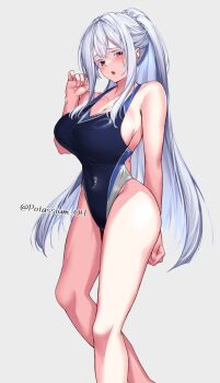 1girl :o amakano bare_arms bare_legs black_one-piece_swimsuit blush breasts cleavage collarbone commentary_request competition_swimsuit covered_navel grey_background grey_hair hair_between_eyes highres large_breasts long_hair looking_at_viewer one-piece_swimsuit open_mouth potassium_oh red_eyes sidelocks simple_background solo standing suzurikawa_euphrasie_ruika swimsuit thighs twitter_username very_long_hair