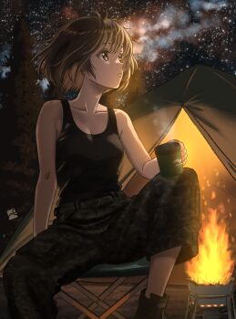 1girl absurdres black_tank_top breasts brown_eyes brown_hair camouflage camouflage_pants cleavage closed_mouth collarbone commentary_request cup girls_und_panzer highres holding holding_cup kainushi medium_breasts nishizumi_miho outdoors pants short_hair sky solo star_(sky) starry_sky tank_top tent