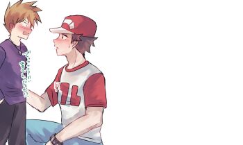 2boys age_difference blue_oak blue_pants blush bracelet brown_hair commentary_request eye_contact hand_in_pocket hat highres jewelry looking_at_another male_focus multiple_boys nintendo open_mouth pants pokemon pokemon_rgby pokemon_sm purple_shirt red_(pokemon) red_hat shirt shiruko_(s1ruko) short_hair short_sleeves sweatdrop t-shirt thumbnail_surprise translation_request