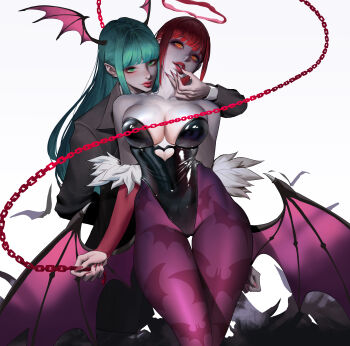 2girls absurdres animal_print bare_shoulders bat_print black_leotard breasts chain chainsaw_man cleavage cosplay costume_switch covered_navel crossover darkstalkers finger_in_another&#039;s_mouth fur_trim green_eyes green_hair halo head_wings highres holding huge_breasts large_breasts leotard long_hair makima_(chainsaw_man) makima_(chainsaw_man)_(cosplay) morrigan_aensland morrigan_aensland_(cosplay) multiple_girls pantyhose print_pantyhose red_hair red_nails simple_background smile strapless strapless_leotard thumb_in_mouth wings wonbin_lee yellow_eyes