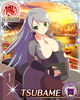 1girl alternate_hairstyle bodysuit border breasts card_(medium) character_name cityscape cleavage closed_mouth fingerless_gloves game_cg gloves green_eyes grey_bodysuit grey_hair helmet holding holding_unworn_helmet jewelry large_breasts long_hair looking_at_viewer motor_vehicle motorcycle motorcycle_helmet necklace official_art on_motorcycle partially_unzipped senran_kagura senran_kagura_new_wave smile solo sunset swept_bangs third-party_source tsubame_(senran_kagura) unworn_headwear unworn_helmet very_long_hair