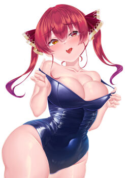 1girl absurdres alternate_costume blue_one-piece_swimsuit breasts cleavage closed_mouth commentary_request covered_navel hair_ribbon heterochromia highres hololive houshou_marine large_breasts long_hair looking_at_viewer navel one-piece_swimsuit red_eyes red_hair red_ribbon ribbon rorol_reime solo swimsuit tongue tongue_out twintails virtual_youtuber white_background yellow_eyes