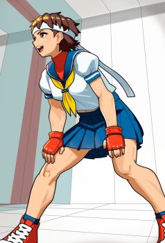 1girl blue_skirt brown_eyes brown_hair capcom converse female_focus fingerless_gloves gloves headband kasugano_sakura lineni matching_hair/eyes navel open_mouth red_gloves school_uniform serafuku short_hair skirt solo street_fighter street_fighter_zero_(series) teeth tongue upper_teeth_only white_headband