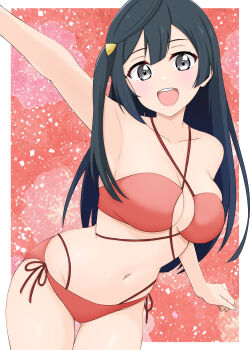 Rule 34 | 1girl, :d, absurdres, arm up, bikini, black hair, blush, border, breasts, cleavage, clenched hand, commentary request, grey eyes, hair ornament, hairclip, highres, kurono (pixiv1905129), long hair, looking at viewer, love live!, love live! nijigasaki high school idol club, medium breasts, navel, open mouth, red background, red bikini, sidelocks, smile, solo, swimsuit, teeth, upper teeth only, waving, white border, yuki setsuna, zhong lanzhu, zhong lanzhu (kujibikido swimsuit)