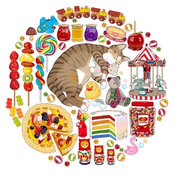 animal_focus bird blackberry_(fruit) cake candy candy_apple candy_jar carousel cat circle_formation cranberry flamingo food fruit grey_cat gummy_bear hugging_object ice_cream ice_cream_sandwich jam jug_(bottle) kinoko_no_yama kiwi_(fruit) kiwi_slice lollipop looking_at_viewer lying marble_(toy) matryoshka_doll no_humans object_focus original pie pie_slice pineapple pineapple_slice rainbow rainbow_cake rubber_duck simple_background slothm22 star_(symbol) strawberry strawberry_slice stuffed_animal stuffed_toy swirl_lollipop tanghulu teddy_bear toy_airplane toy_train white_background