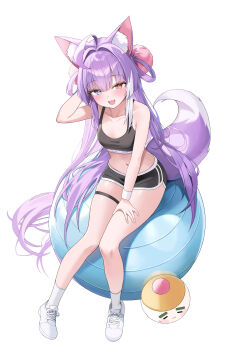 1girl absurdres ahoge animal_ears ball bare_arms bare_legs bare_shoulders black_shirt black_shorts blue_eyes breasts collarbone commentary_request crop_top dolphin_shorts exercise_ball fox_ears fox_girl fox_tail full_body hair_ornament hair_rings hand_up heterochromia highres korean_commentary long_hair looking_at_viewer midriff multicolored_hair muru_(muru_zi) navel open_mouth pom_pom_(clothes) pom_pom_hair_ornament purple_hair shirt shoes short_shorts shorts simple_background sitting sleeveless sleeveless_shirt small_breasts smile socks solo stellive stomach streaked_hair tail tenko_shibuki thigh_strap thighs very_long_hair virtual_youtuber white_background white_shoes white_socks yellow_eyes