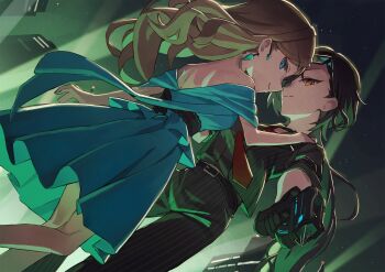 Rule 34 | 2girls, backless dress, backless outfit, bare shoulders, black gloves, black hair, black pants, black shirt, black vest, blue dress, blue eyes, breasts, ceras yanagida lilienfeld, commentary, cowboy shot, dress, edel note, gloves, grappling hook, grey hair, gun, highres, holding, holding gun, holding weapon, jellyfish cut, katsuragi izumi, link! like! love live!, long hair, looking at viewer, love live!, medium breasts, medium dress, multiple girls, necktie, night, off-shoulder dress, off shoulder, orange eyes, outdoors, pants, pinstripe pants, pinstripe pattern, pinstripe vest, profile, red necktie, reijou mob! (love live!), shirt, slit pupils, spy, sunkeun, vest, virtual youtuber, wavy hair, weapon