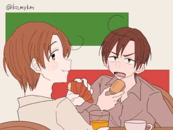 Rule 34 | 21311011, 2boys, ahoge, artist name, axis powers hetalia, back, blush, brothers, brown eyes, brown hair, chair, closed mouth, collared shirt, commentary request, croissant, cup, drinking glass, eating, food, from behind, green eyes, grey shirt, hand up, holding, holding food, italian flag, juice, long sleeves, looking at viewer, looking back, male focus, multiple boys, northern italy (hetalia), on chair, open mouth, orange juice, pastry, shirt, short hair, siblings, smile, southern italy (hetalia), table, teeth, twins, v-shaped eyebrows, white shirt