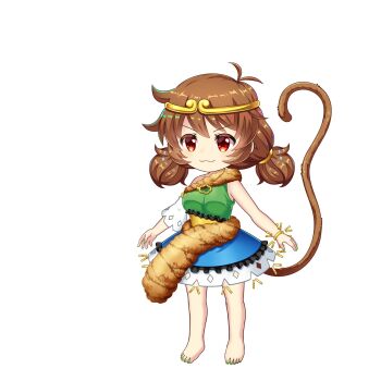 1girl :3 a-pose armpits bare_shoulders barefoot brown_hair chibi circlet green_nails highres jewelry monkey monkey_girl monkey_tail nail_polish necklace rotte_(1109) smug son_biten sprite tail touhou touhou_lostword v-shaped_eyebrows