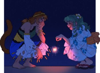 Rule 34 | 2girls, :d, ^ ^, barefoot, blue dress, brown hair, circlet, closed eyes, closed mouth, commentary, detached sleeves, dress, english commentary, fireworks, floral print, floral print kimono, frog hair ornament, from side, gold circlet, green dress, green hair, hair ornament, hand on own cheek, hand on own face, highres, holding, holding fireworks, japanese clothes, kimono, kochiya sanae, long hair, long sleeves, monkey girl, monkey tail, multicolored dress, multiple girls, nekolina, night, open mouth, print kimono, red hair, sandals, single detached sleeve, single strap, sky, smile, snake hair ornament, son biten, sparkler, squatting, star (sky), starry sky, tail, touhou, white kimono, white sleeves, yellow dress