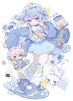 1boy 1girl :< absurdres animal_ears bag bandaid bandaid_on_knee bandaid_on_leg black_shorts blonde_hair blue_coat blue_eyes blue_hair blue_hat blue_shirt blue_skirt blue_socks bone cellphone chibi claw_pose coat commentary_request commission cotono_(nazekun) dog dog_boy dog_ears dog_girl donut food full_body glasses gummy_candy hand_up handheld_game_console hat highres leg_warmers long_hair messenger_bag multicolored_hair necktie onigiri original phone pink_hair pink_necktie sailor_collar shirt shorts shoulder_bag sidelocks simple_background skeb_commission skirt sleeves_past_fingers sleeves_past_wrists socks star-shaped_pupils star_(symbol) streaked_hair striped_clothes striped_socks symbol-shaped_pupils watermark white_background white_leg_warmers white_sailor_collar yellow_necktie yellow_socks