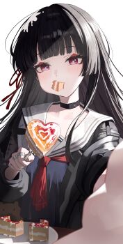 1girl absurdres achib black_choker black_hair black_jacket black_shirt blush cake chisa_(wuthering_waves) choker commentary eating food fork hair_ribbon highres holding holding_fork incoming_food jacket long_hair looking_at_viewer mole mole_under_eye neckerchief reaching reaching_towards_viewer red_eyes red_neckerchief red_ribbon ribbon sailor_collar shirt simple_background solo white_background white_sailor_collar wuthering_waves