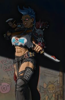 1girl abs absurdres black_shorts blue_hair braid breasts crop_top earrings eyebrow_piercing face_piercing facepaint fingerless_gloves gloves graffiti grin gun highres jewelry junker_queen_(overwatch) knife large_breasts lip_piercing looking_at_viewer mohawk muscular muscular_female navel overwatch piercing punk red_eyes reverse_grip short_shorts shorts shotgun smile solo spikes standing weapon zhiv