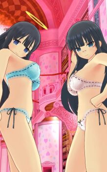 2girls 3d black_hair blue_bra blue_eyes blue_panties bow bow_panties bra breasts glasses halo highres ikaruga_(senran_kagura) indoors long_hair looking_at_viewer multiple_girls panties pink_bra pink_panties ryouki_(senran_kagura) senran_kagura smile underwear