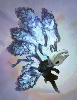 1other absurdres alternate_design black_skin blank_eyes butterfly_wings colored_skin commentary english_commentary full_body grey_scarf highres hollow_eyes hollow_knight horns insect_wings knight_(hollow_knight) leg_up mememellowa multicolored_wings no_humans other_focus scarf solo white_mask wings